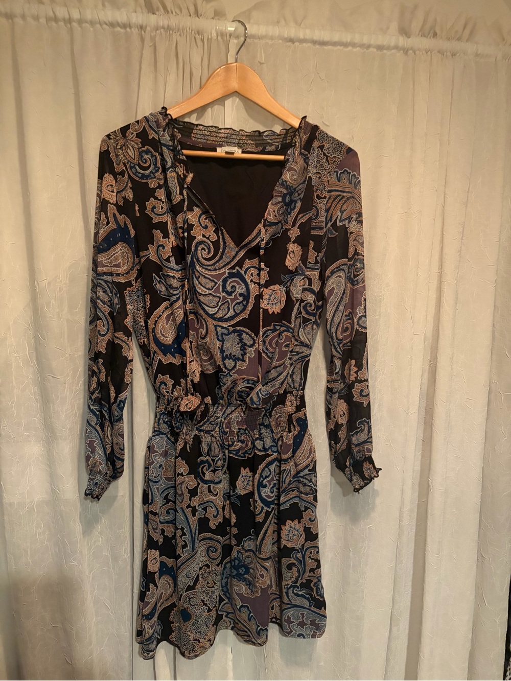 Allison Joy Black Paisley V-Neck Long-Sleeve Dress with Blue and Cream Accents